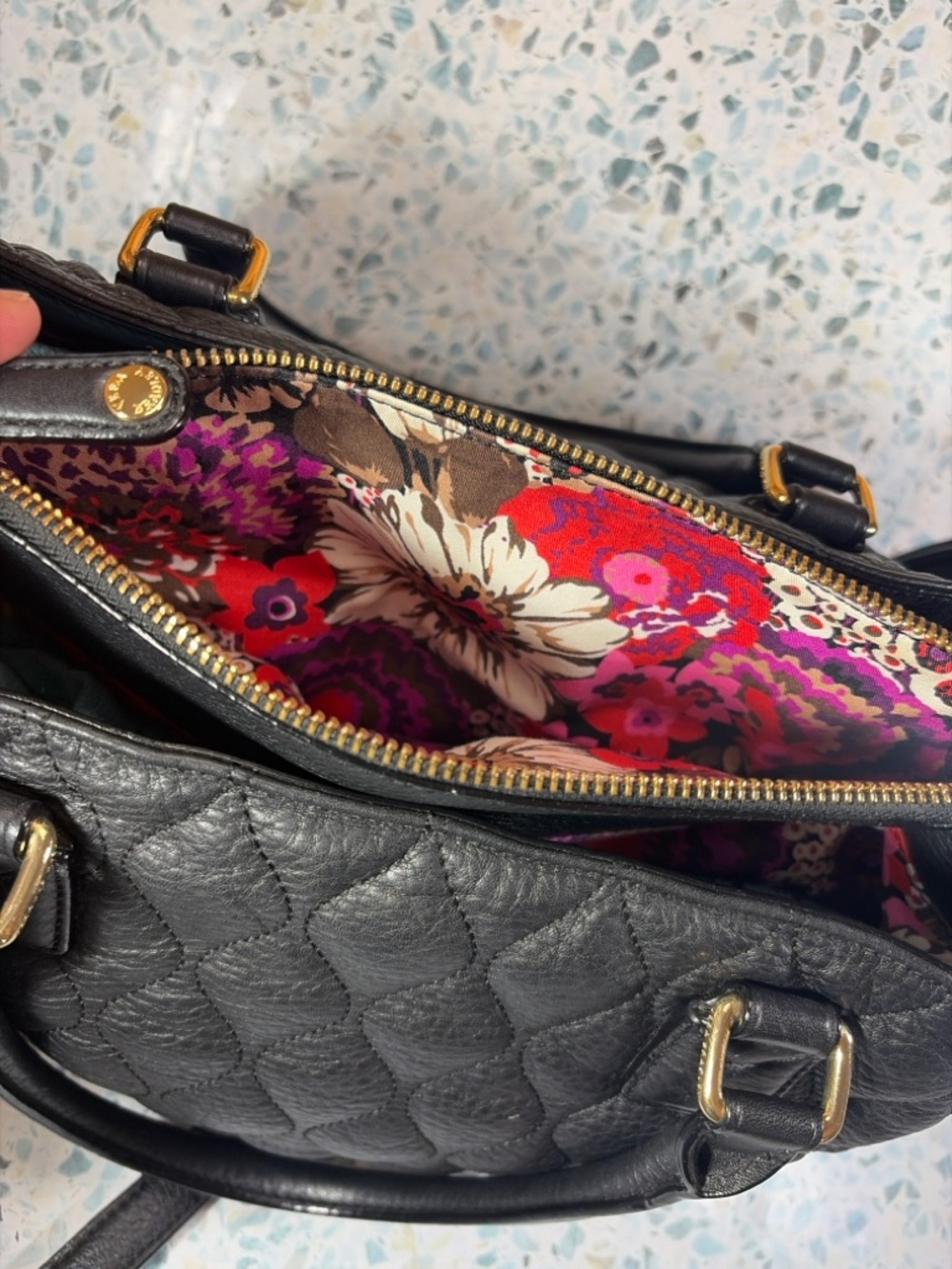 Vera Bradley Black Quilted Satchel with Floral Lining - Picture 7 of 11